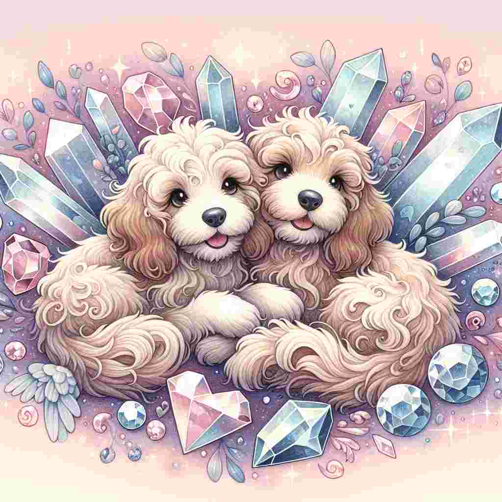 Create a whimsical Valentine's theme illustration featuring a pair of adorable cockapoos. They should be cuddled together amidst a cluster of delicately drawn crystals. The background should be awash with pastel shades, creating a cozy and inviting atmosphere. Their tails entwine gently, and the sparkle from the surrounding crystals illuminates their joyful, snuggly moment. The overall effect should be one of sweet, serene affection, reflecting the celebration of love.
Generated with these themes: Cockapoos, Crystals, and Snuggles.
Made with ❤️ by AI.
