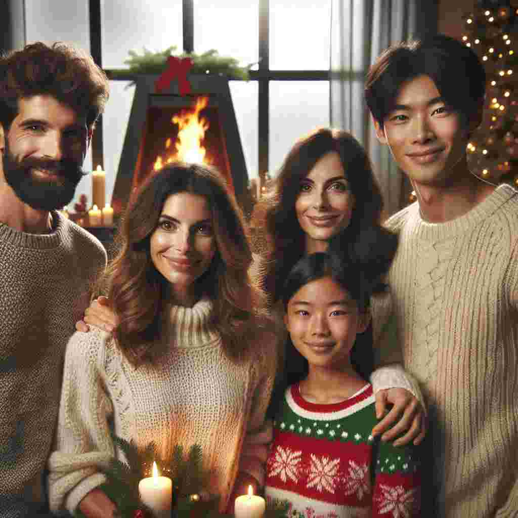 Set in a contemporary, snug house, this charming Christmas scene beams with festivity. Against a backdrop of a gentle fireplace, a group of four – a bearded man with dark hair, a white woman with wavy hair cascading to her shoulders, a Latin woman with gleaming dark locks, and a youthful Chinese man with black hair – stand facing the viewer. Their joyful expressions and the scene's refined Christmas vibe invite viewers to share in the warmth of the season.
Generated with these themes: create a christmas scene set in a cosy modern house with a fireplace in the background. A team of four people, one man with black hair and a beard, one white woman with wavy hair to her shoulders, one latin woman with dark hair to her shoulders and one young chinese man with black hair face the camera. The mood is joyful. The scene is christmassy but elegant. .
Made with ❤️ by AI.