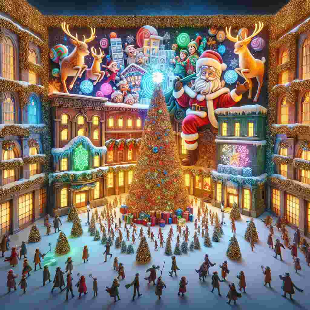 This whimsical cartoon captures the essence of Christmas at Media City in Manchester, with the studio building festooned with holiday finery. The plaza, under the glow of festive illuminations, is anchored by a resplendent Christmas tree, while Santa Claus is present, spreading holiday cheer. Elves clad in their Christmassy garb are interspersed within the crowd of onlookers, all marveling at the scene. Reindeer, symbols of the season's magic, are interspersed among the festive decorations and gifts that complete this picturesque tableau.
Generated with these themes: Media city studio building , Christmas tree in the plaza, Manchester , Santa , Elves in crowd watching , Decorations , Presents , and Reindeer .
Made with ❤️ by AI.