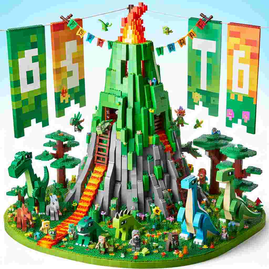A vivacious and adorable cartoon-style celebration scene presenting an intriguing mix of themes. Central to the image is a towering green volcano constructed from LEGO blocks, with bright plastic bricks mimicking flowing lava. The environment around the volcano is teeming with block-based trees and animal figures reminiscent of the digital world of Minecraft. There are six LEGO dinosaurs, each varied in color and form, playfully positioned around the landscape, adding a prehistoric touch. Pixel-styled banners, like those found in Minecraft, wave enthusiastically in the sky, their designs indicating the number '6', subtly revealing the age of the birthday celebrant. This quirky mingling of tangible playthings and virtual gaming worlds forms a memorable backdrop for a birthday party.
Generated with these themes: Jurassic lego, Minecraft, 6, Green, and Volcano.
Made with ❤️ by AI.