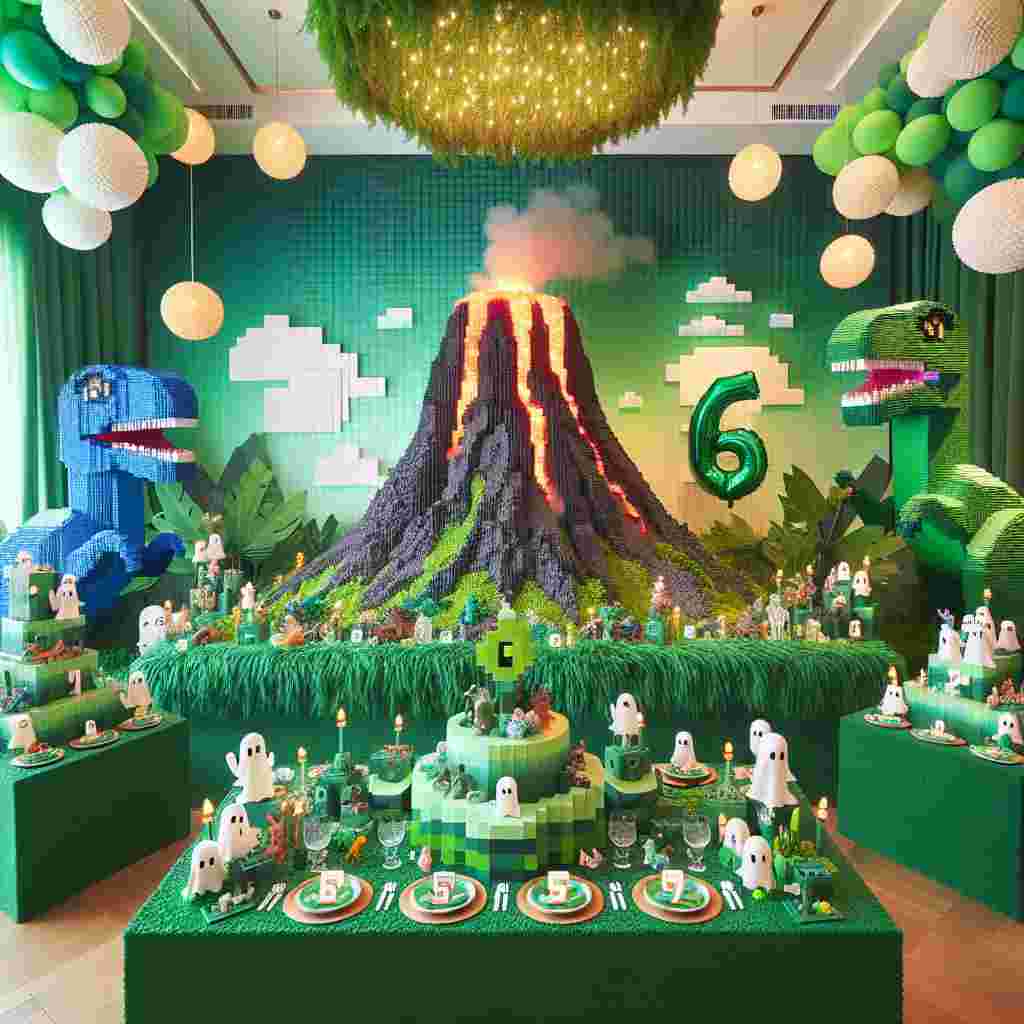 In this scene, we depict a lovely and animated cartoon-themed birthday fête, with a grand volcano made from LEGO blocks towering at its heart, its crater aglow with emerald-green bricks reflecting the central theme's color. The surroundings are filled with décor inspired by a pixelated game, such as grass patterned table covers and square-faced ghostly balloons. The celebration is further enhanced with small dinosaur toys made from LEGO, infusing a touch of the Jurassic era into the milieu. Above, helium-filled balloons in the shape of the number '6' in green float, signifying the age milestone. Cleverly blended into the setting are paper-crafted eruptions of volcanoes, serving as a lively background, thereby encapsulating the thrill and adventure that building block and pixel-based games evoke.
Generated with these themes: Jurassic lego, Minecraft, 6, Green, and Volcano.
Made with ❤️ by AI.