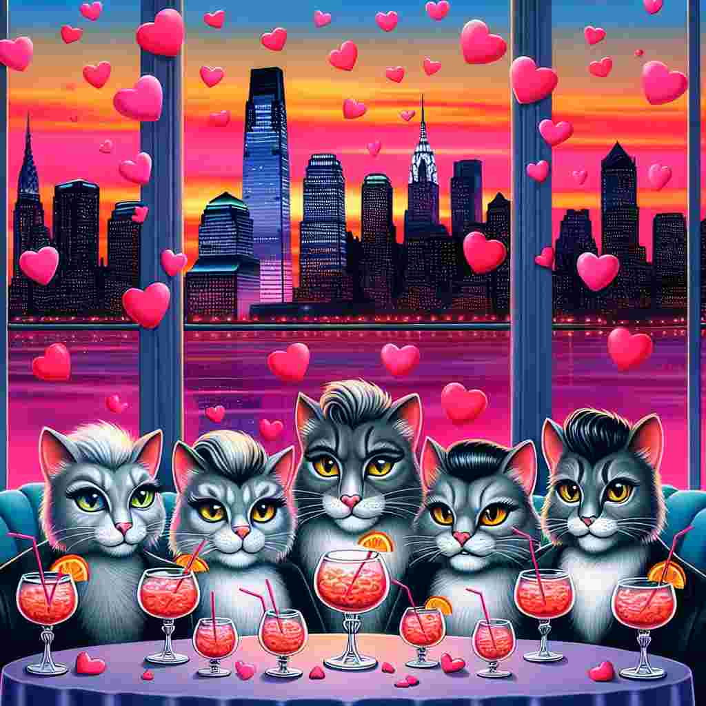 On the backdrop of a vivid New Jersey skyline at sunset, a lively Valentine's Day illustration playfully incorporates components reminiscent of a popular reality TV show. Grey felines, each with distinct and stylish hairdos, gather around a table adorned with love symbols, sipping from uniquely fishbowl-shaped cocktails. The atmosphere brims with floating hearts, capturing a light-hearted, whimsical, and slightly dramatic mood that perfectly marries the glamour of reality TV with the sentimentality of Valentine's Day.
Generated with these themes: Real Housewives of New Jersey, and Grey cats.
Made with ❤️ by AI.