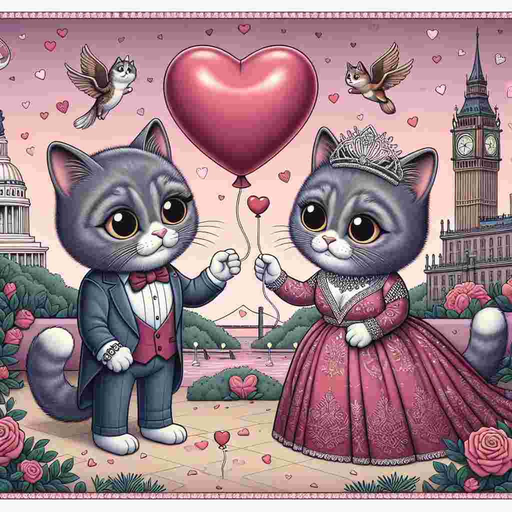 Create a whimsical illustration for Valentine's Day that comes with a flavor of reality television drama. The center of attention involves two adorable grey cats, dressed in resplendent attire, exchanging a heart-shaped balloon. Surrounding them is a setting influenced by important landmarks from New Jersey. Gentle shades of pink and red, along with inconspicuous heart patterns, set a romantic atmosphere. The amusing cats imitate a touching spectacle influenced by the dramatic scene from a popular television show.
Generated with these themes: Real Housewives of New Jersey, and Grey cats.
Made with ❤️ by AI.
