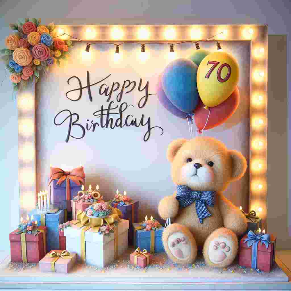 A delightful scene featuring a vintage teddy bear holding a colorful balloon with the number '70'. The teddy bear sits atop a mound of gifts, all wrapped in festive patterns. Twinkling lights and the words 'Happy Birthday' are strung above in a whimsical font.
Generated with these themes: 70th  .
Made with ❤️ by AI.