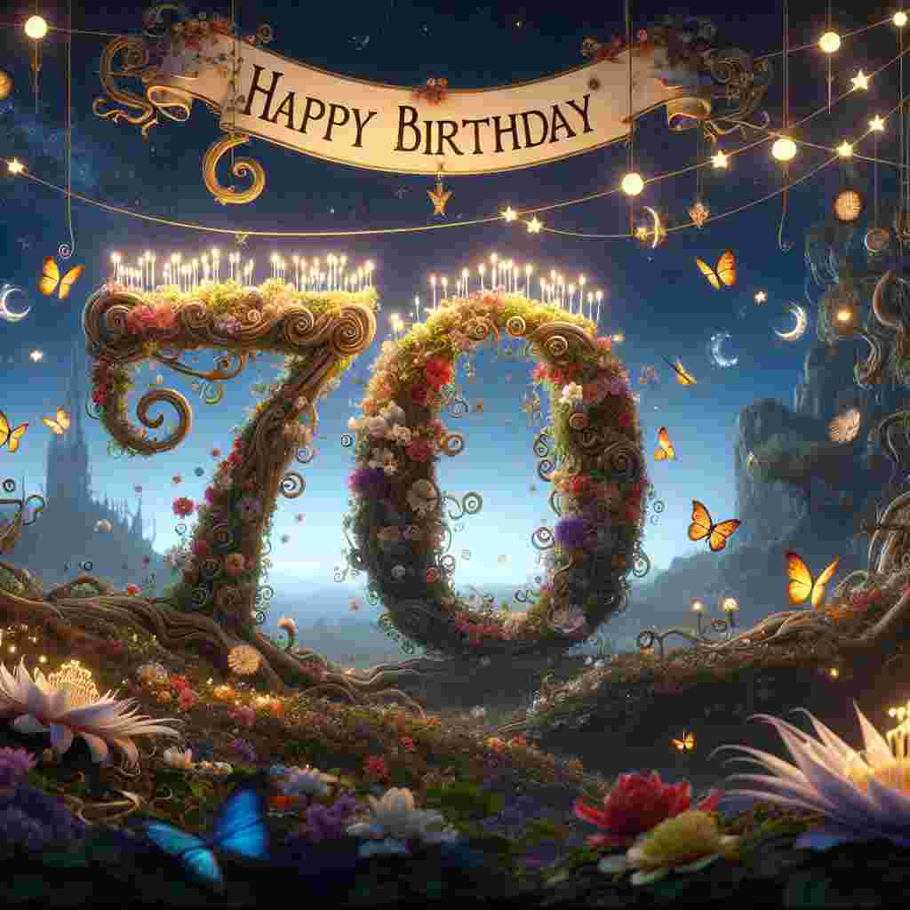 A sweet depiction of a fantasy landscape with a large '70' made of flowers and vines, with butterflies fluttering around. A fairy tale-like banner floats in the air, surrounded by stars and moons, displaying the text 'Happy Birthday' in an elegant script.
Generated with these themes: 70th  .
Made with ❤️ by AI.