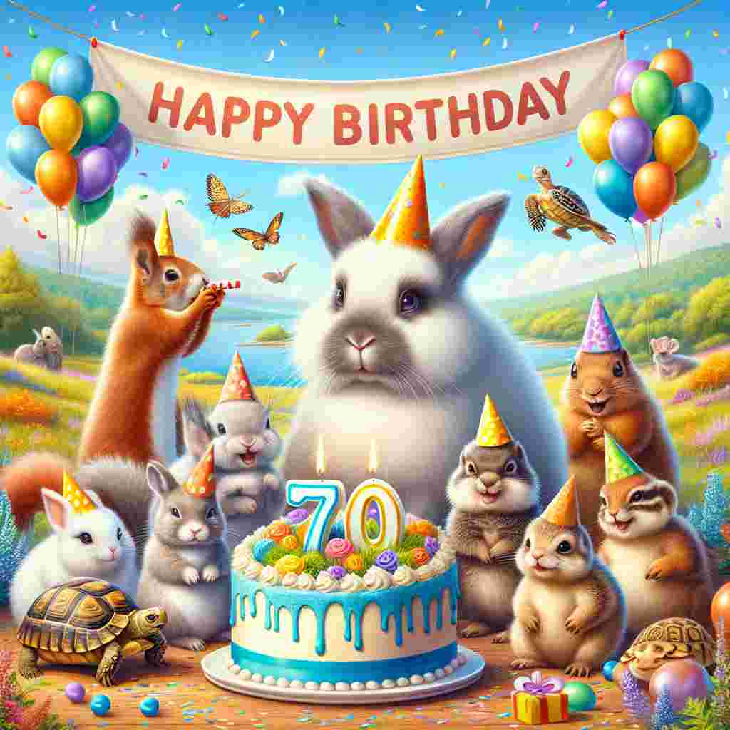 A heartwarming illustration showing a group of cuddly animals gathered around a cake with '70' on top. The animals are wearing tiny party hats and the scene is decorated with balloons and confetti. In the background, a banner reads 'Happy Birthday' in cheerful, bold letters.
Generated with these themes: 70th  .
Made with ❤️ by AI.