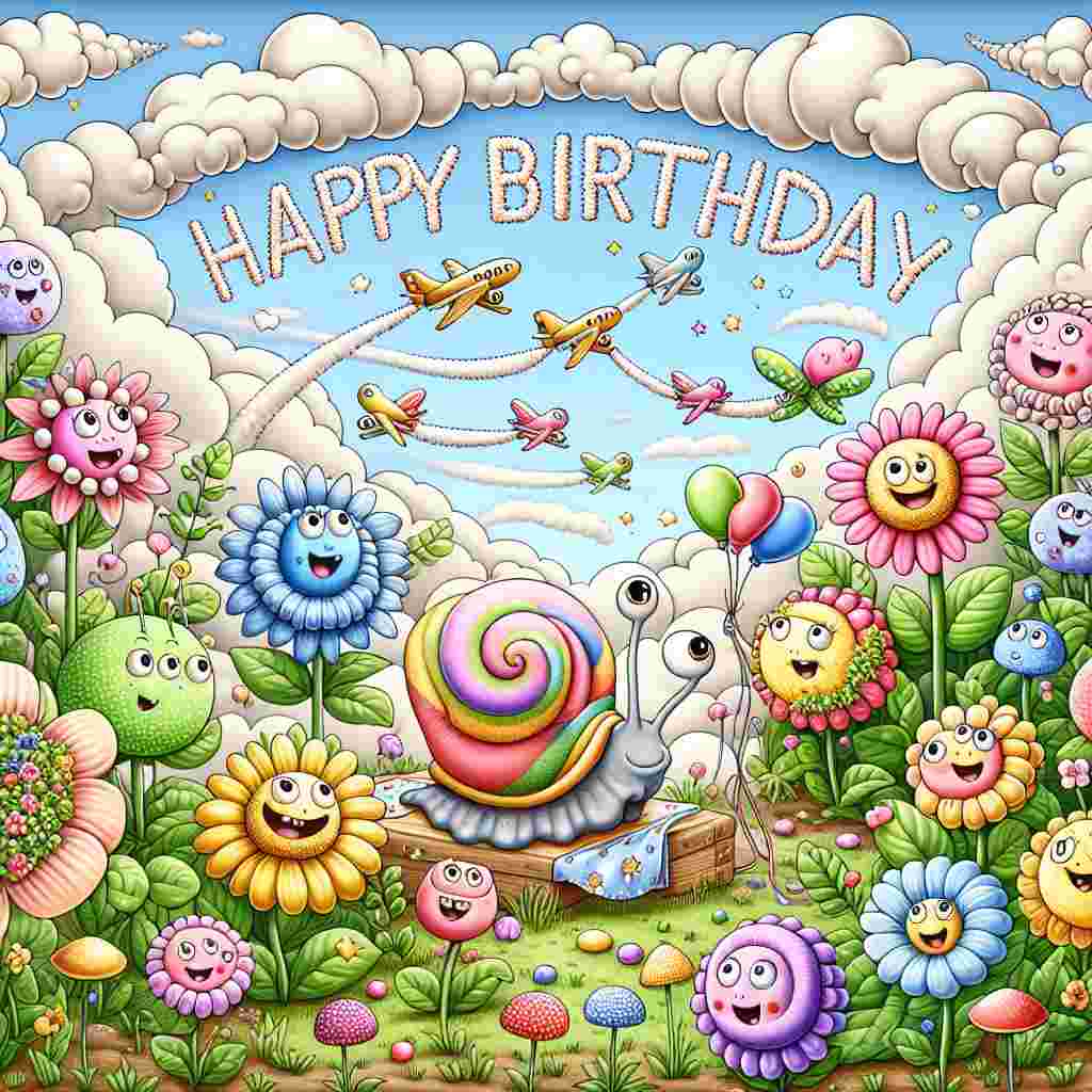An endearing illustration of a cartoon garden party where a cheerful snail carries a large '70' on its shell. Surrounding flowers have faces and are singing 'Happy Birthday'. Above, in the sky formed by puffy clouds, the greeting 'Happy Birthday' is written as if by airplane trails.
Generated with these themes: 70th  .
Made with ❤️ by AI.