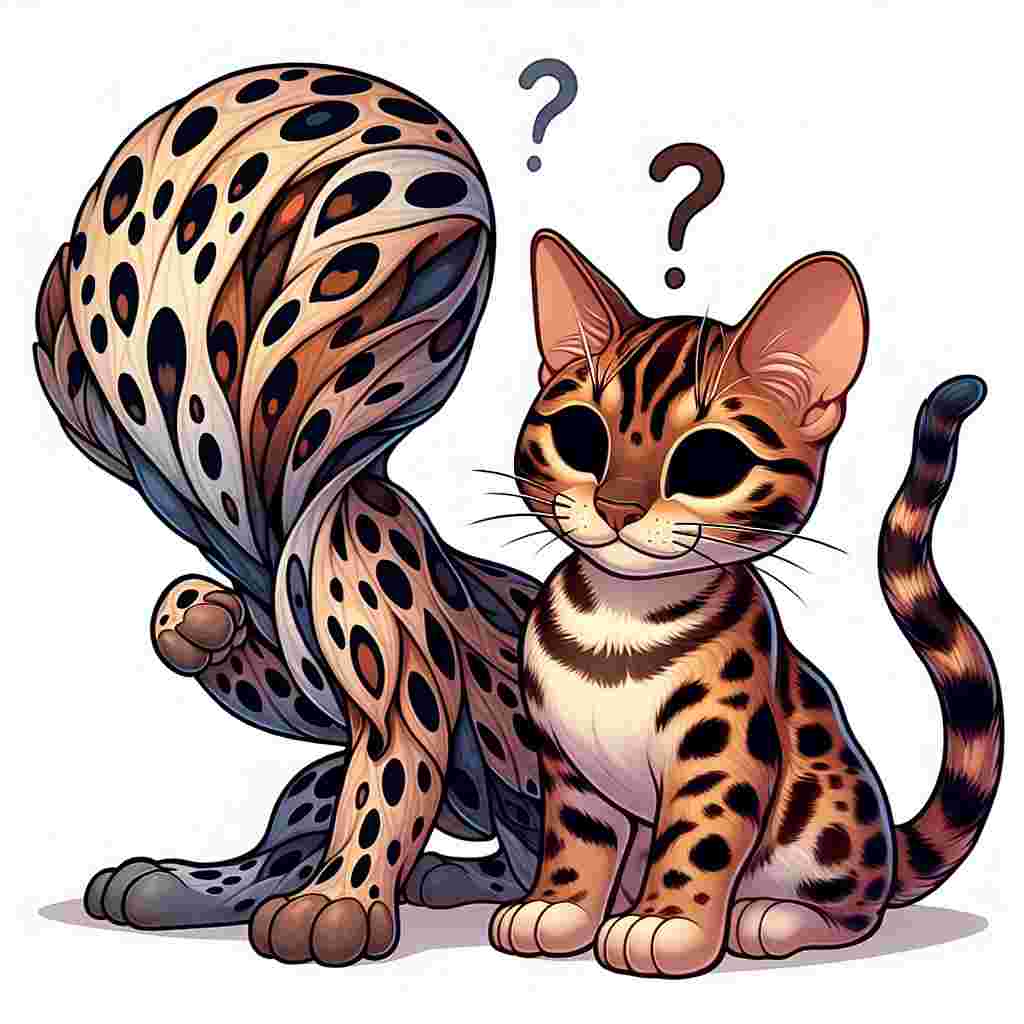 Create a whimsical cartoon scene where an undefined, imaginative creature shares the spotlight with a playful Bengal kitten. The Bengal kitten's form is normal with a spectacular coat, ornamented with spots in the hues of brown, black, and tan that seem to jitter across its fur. The details of the unknown creature are shrouded in mystery but the kitten's features, except its hidden eyes, are fashionably conspicuous.
.
Made with ❤️ by AI.