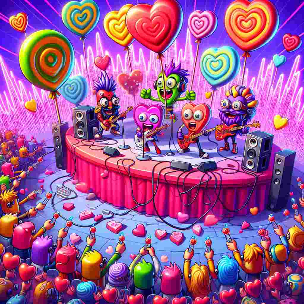 In a vibrant, exaggerated comic-like setting, a Valentine's Day celebration is taking place, featuring a rock band composed of quirky, distinctive, and colorful game-inspired characters. They are performing on a stage shaped like a heart, surrounded by sound waves that distort the reality around them. Whimsical candy hearts and neon-colored lollipop-shaped balloons float about. The animated onlookers, depicted with exaggerated large cartoon eyes, show their enthusiasm and joy, hoisting aloft bottles of fizzy, overflowing comic-style beverages. This interesting blend of sweetness and high energy captures the unique spirit of the festivities.
Generated with these themes: Rock music, Fortnite, Sweets, Guitar , and Beer.
Made with ❤️ by AI.