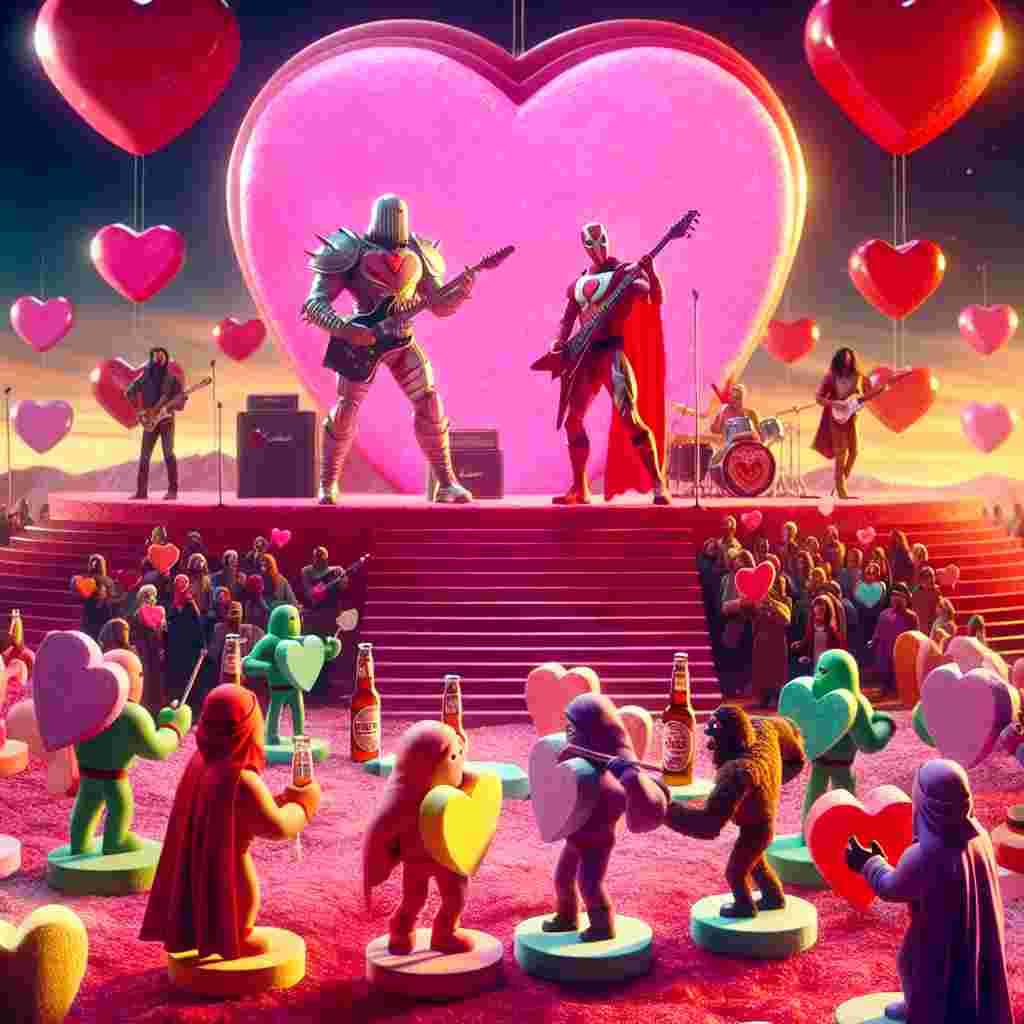 In a whimsical setting reflecting Valentine's sentiment, a vibrant, color-saturated imaginary universe sways the hearts and fantasies. On a grand stage crafted as an enormous pink heart, AGender non-specific, Middle-Eastern superhero and a female, Hispanic superhero perform a rock concert, brandishing their guitars against a background of scarlet and gold. Among the audience, animated figures of various descents share sweets shaped like oversized, lustrous candy balls and exchange beers marked with hearts. The terrain itself beats with the rhythm of the music, as if the imaginary world thumps with the shared vibrancy of a rock music infused love celebration.
Generated with these themes: Rock music, Fortnite, Sweets, Guitar , and Beer.
Made with ❤️ by AI.