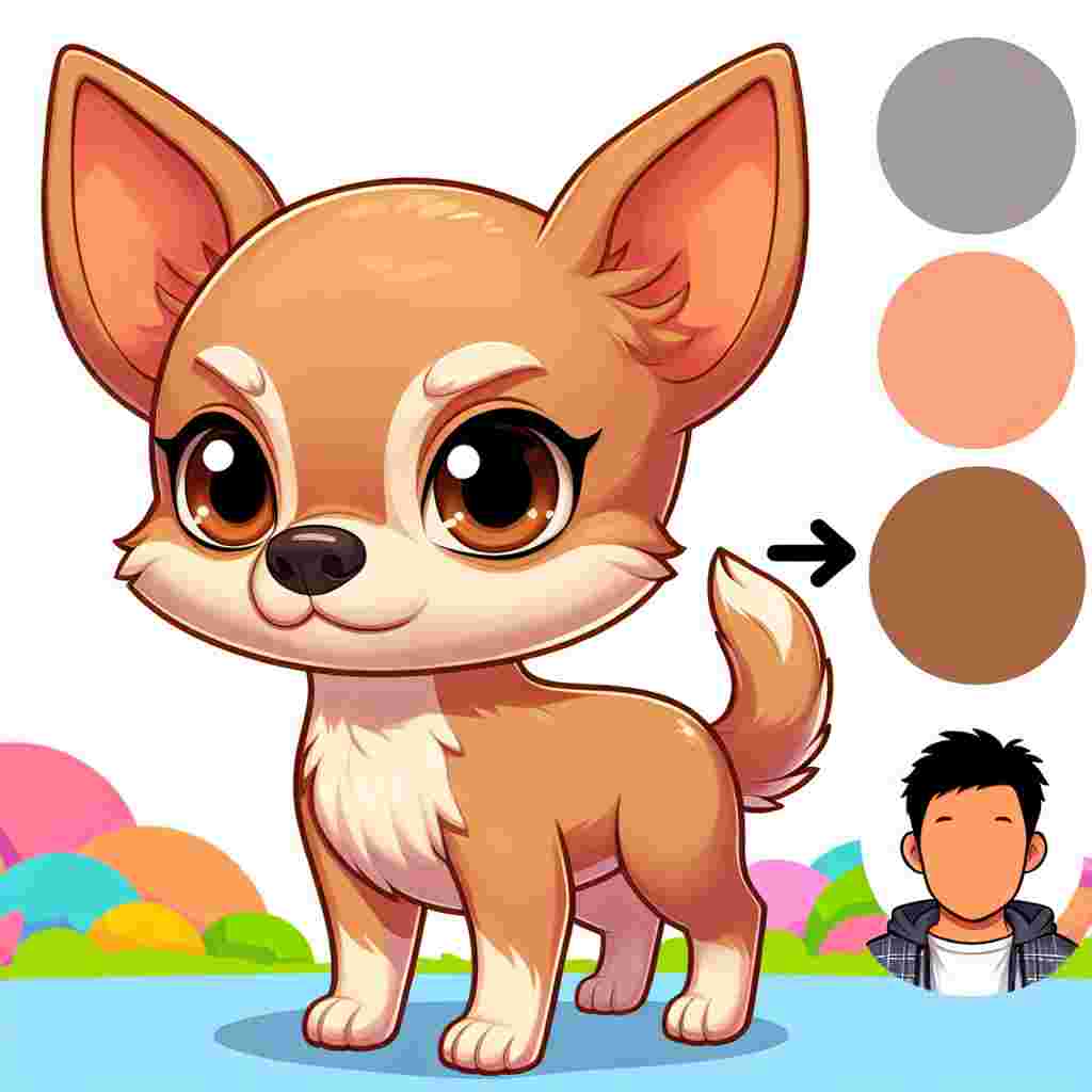Create an image of a tan-coated Chihuahua with a normal build and soulful brown eyes. The Chihuahua is part of an animated world that is bustling with colors. Its ears are perky, indicating curiosity about its surroundings. There's a vague cartoon character watching the Chihuahua with amusement. Please ensure that this unspecified cartoon character has no resemblance to any copyrighted characters.
.
Made with ❤️ by AI.