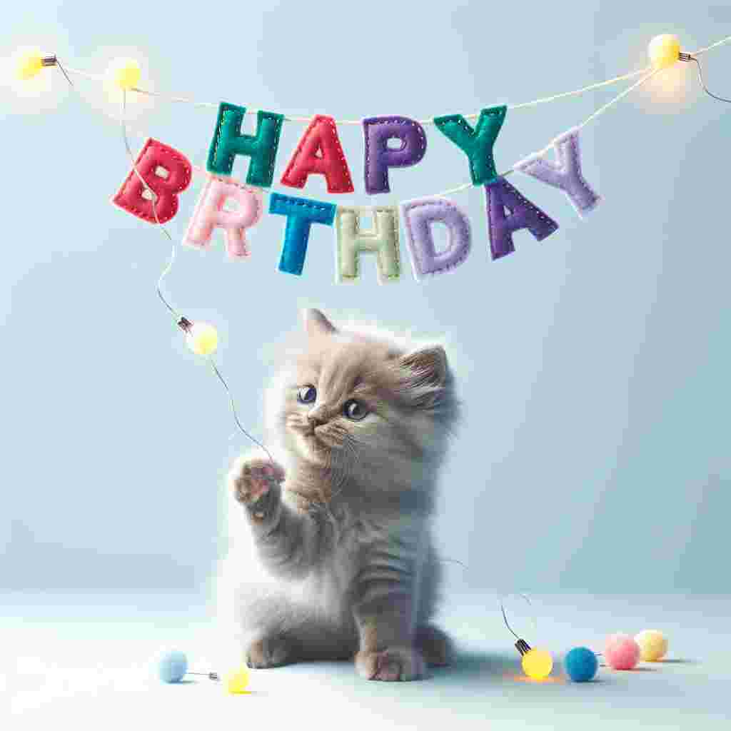 A delightful birthday card illustration where a single, fluffy Korat kitten paws at a string of party lights while a 'Happy Birthday' message hangs overhead in a banner made of stitched felt letters, all set against a pastel blue backdrop.
Generated with these themes: Korat Birthday Cards.
Made with ❤️ by AI.