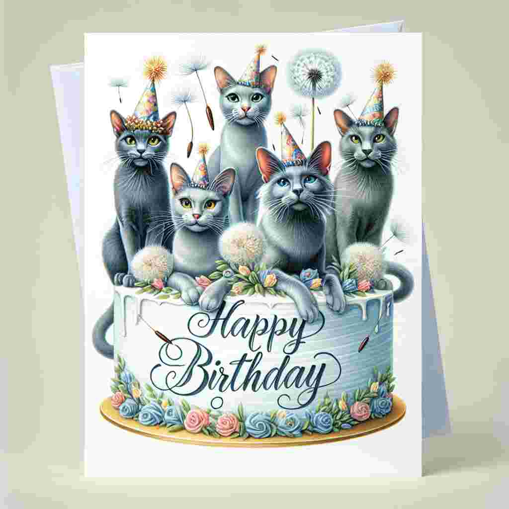 A charming birthday card showcasing a family of Korat cats with festive party hats, sitting atop a giant birthday cake. 'Happy Birthday' is written in elegant cursive above them, enveloped by softly floating dandelion seeds.
Generated with these themes: Korat Birthday Cards.
Made with ❤️ by AI.