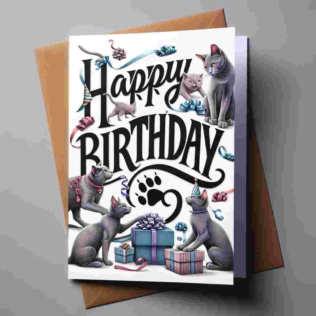 An endearing birthday card design featuring a gang of Korat cats playing with an assortment of birthday gifts and ribbons. In the foreground, 'Happy Birthday' is prominently displayed in a chunky, fun font with a paw print replacing the dot on the 'i'.
Generated with these themes: Korat Birthday Cards.
Made with ❤️ by AI.