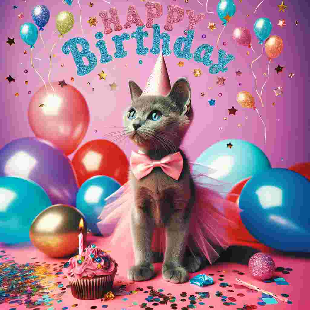 A whimsical birthday card featuring a Korat cat wearing a tiny party hat, surrounded by colorful balloons and confetti. The scene is set against a pink background with 'Happy Birthday' written in bubbly, playful font at the top.
Generated with these themes: Korat Birthday Cards.
Made with ❤️ by AI.