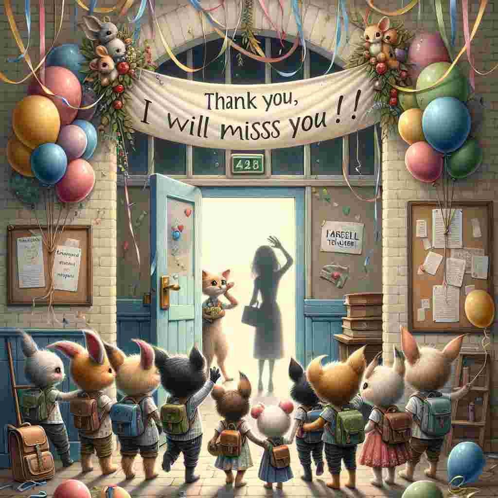 Create a quaint school corridor, adorned with streamers and balloons in various colours. In the foreground, a bunch of students, realized as delightfully anthropomorphic creatures, grasp a large banner that reads 'Thank you, I will miss you!' with their little paws. Each student has a mini backpack strapped on, symbolizing the culmination of their educational journey. Against the backdrop, the shadowy figure of a teacher is visible near the classroom entrance, their hand held up to their eye with a tissue, indicating a sentimental goodbye. Above the door, a placard states 'Farewell, dear teacher,' contributing an intimate element to the fantasy-themed departure scene.
Generated with these themes: Thank you , I will miss you , School, and Teacher.
Made with ❤️ by AI.