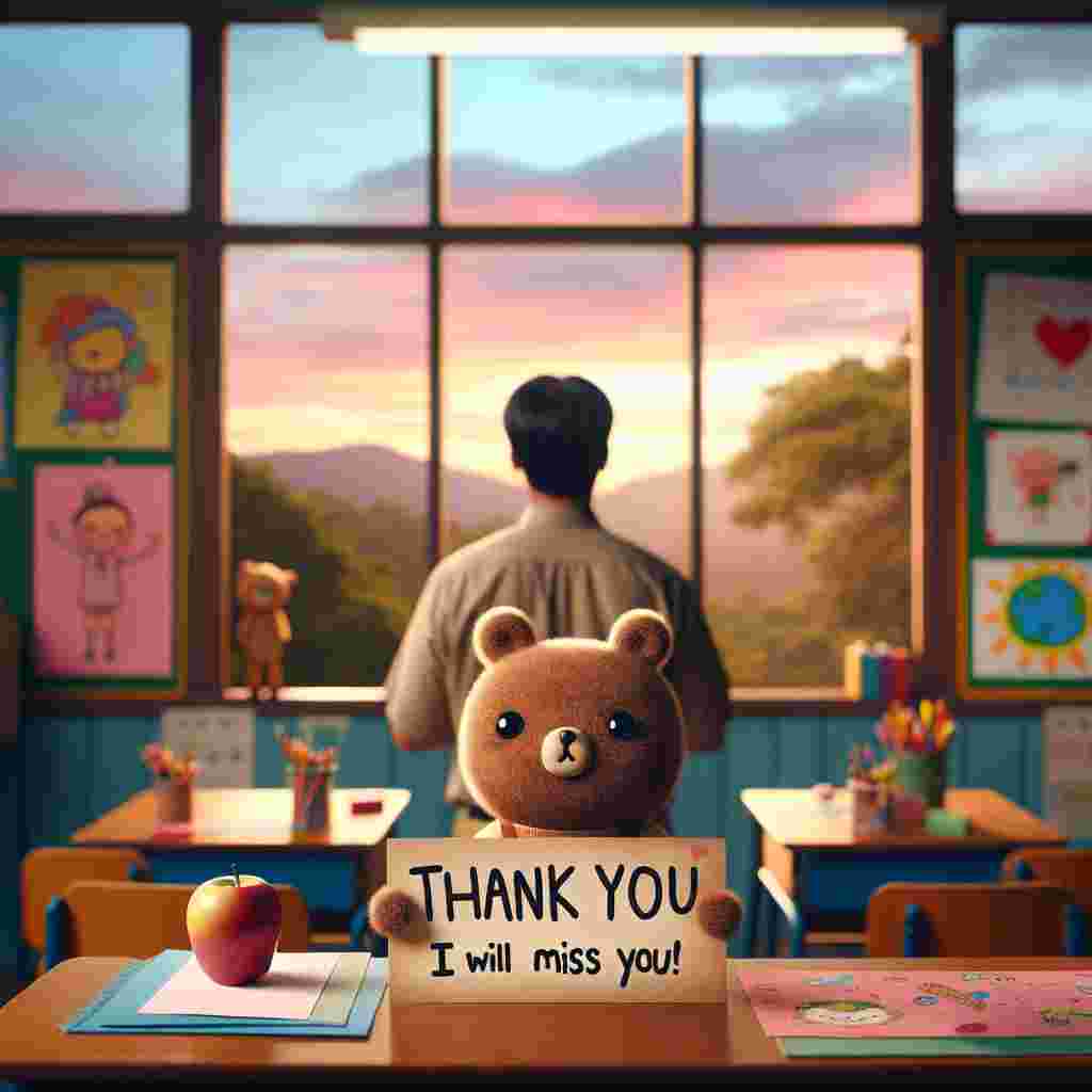 Create a heartwarming image set in a classroom, the scenery outside the window displaying the soft hues of a sunset. A small cartoon figure, resembling a cuddly bear or rabbit, is the main subject. It holds a handmade sign, with letters spelling out 'Thank you, I will miss you!'. The school desks in the background are dotted with vibrant artwork and goodbye letters. On the teacher's desk, an apple sits as a classic tribute to end-of-term thankfulness. The teacher, an Asian male, returns the goodbye wave with a kind, affectionate smile, while the character looks up at him, its eyes glittering with gratitude and nostalgia.
Generated with these themes: Thank you , I will miss you , School, and Teacher.
Made with ❤️ by AI.