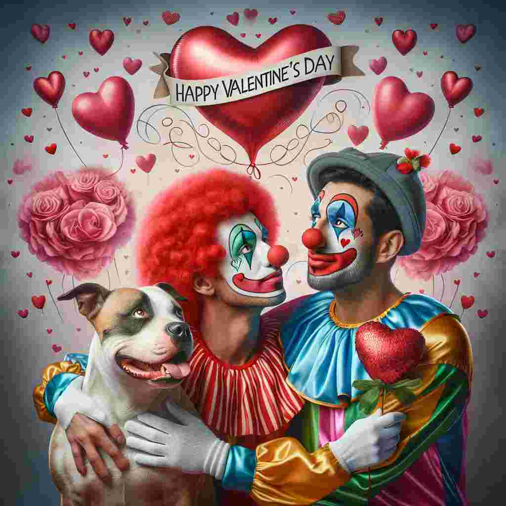 Create a whimsical Valentine's Day scene featuring two clowns. One clown is a Caucasian male and the other is a Hispanic female. Both their faces are painted with warm smiles, and their cheeks are touched by strokes of red hearts. They are locked in a tender embrace, while wearing colorful costumes that blend beautifully into the heart-filled backdrop creating a surreal, non-ordinary scene. Beside them, there's a loyal Staffordshire Bull Terrier with a small, heart-shaped balloon tied to its collar, looking up with affection. Above them, include the phrase 'Happy Valentine’s Day' written in a joyful, looping script, completing this unique celebration of love.
Generated with these themes: 2 clowns in love one male and one female, Staffordshire bull terrier , Kissing, and Happy valentines day.
Made with ❤️ by AI.