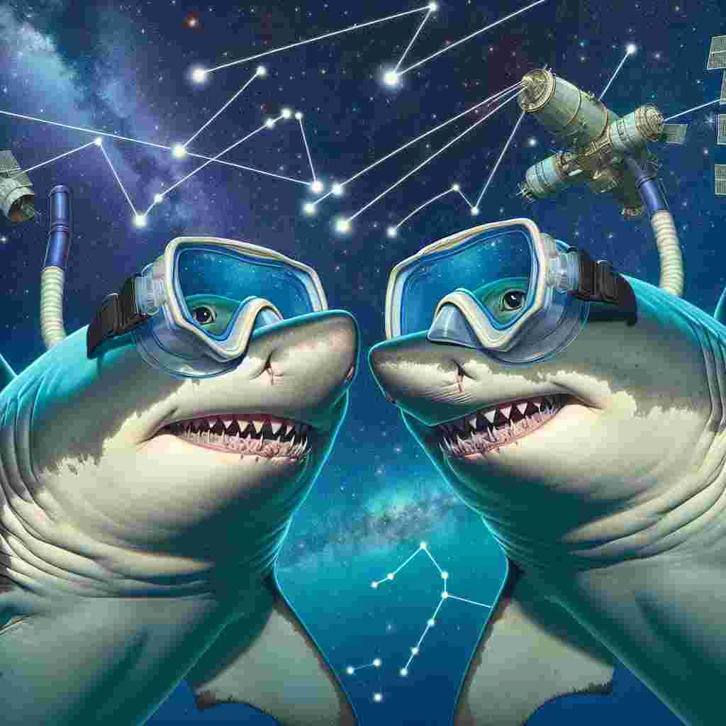 In a humorous celebration of Valentine's Day, a couple of sharks, one Caucasian male shark and one Hispanic female shark, are depicted wearing snorkeling masks, their fins tenderly intertwined, exchanging a lighthearted smile under the sea. Behind this seemingly unusual couple, the underwater panorama gradually transforms into the infinity of outer space. In this celestial expanse, constellations are arranged to form heart shapes, and a close-by space station emits beams of heart emojis, creating a fascinating fusion of aquatic adventure and stellar journey.
Generated with these themes: Shark, Snorkelling, and Space.
Made with ❤️ by AI.