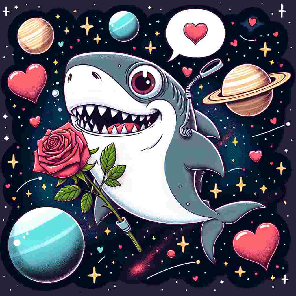 Design a comical Valentine's Day card featuring a shark with a playful smile, bulging eyes, and a rose firmly held in its jaws. The shark is snorkeling and instead of being in the ocean, it is in a galaxy, surrounded by planets and stars. This quirky combination of ocean and cosmos gives a surreal touch to the theme. As the shark travels through this novel space, cartoon hearts are rising up from it, epitomizing the spirit of underwater space adventure and love.
Generated with these themes: Shark, Snorkelling, and Space.
Made with ❤️ by AI.