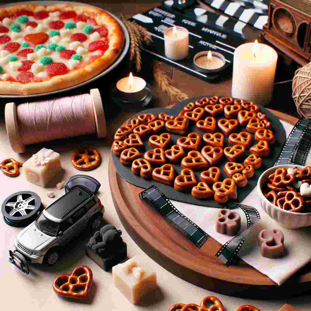 Create an image of a cozy Valentine's Day scene that strikes a balance between charming and realistic. Central to the scene is a unique pizza with toppings arranged in heart shapes, emanating warmth and affection. On a nearby table, film reels are tastefully decorated with tiny pretzels and elegant soaps carved into silhouettes of black cats. Subtly positioned in the background is a miniature model of a compact SUV, suggestive of a romantic getaway for a couple. The scene captures a massage setup that suggests a potential night of relaxation and romantic intimacy.
Generated with these themes: Pizza films pretzels soap Black cats freelander 2 massage.
Made with ❤️ by AI.