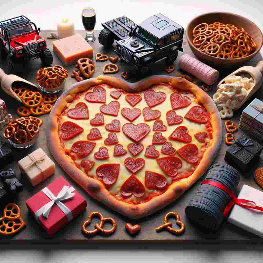 Imagine a picturesque and realistic scene of a Valentine's Day spread where love merges with everyday pleasure. At the heart of the arrangement, a pizza decorated with pepperoni cut into the shape of hearts is nestled next to a collection of romantic cinema cases artistically entwined with crunchy pretzels, symbolizing shared experiences. Handmade soaps, beautifully shaped into figures of black cats, contribute an element of quaint appeal and joy. In the surrounding edges of the scene, a miniature model of a terrain vehicle, similar to a Freelander 2, suggests excitement, accompanied by the lure of cosiness represented by a massage chair. Thoughtfully positioned, they beckon couples into a realm of peace and romance.
Generated with these themes: Pizza films pretzels soap Black cats freelander 2 massage.
Made with ❤️ by AI.