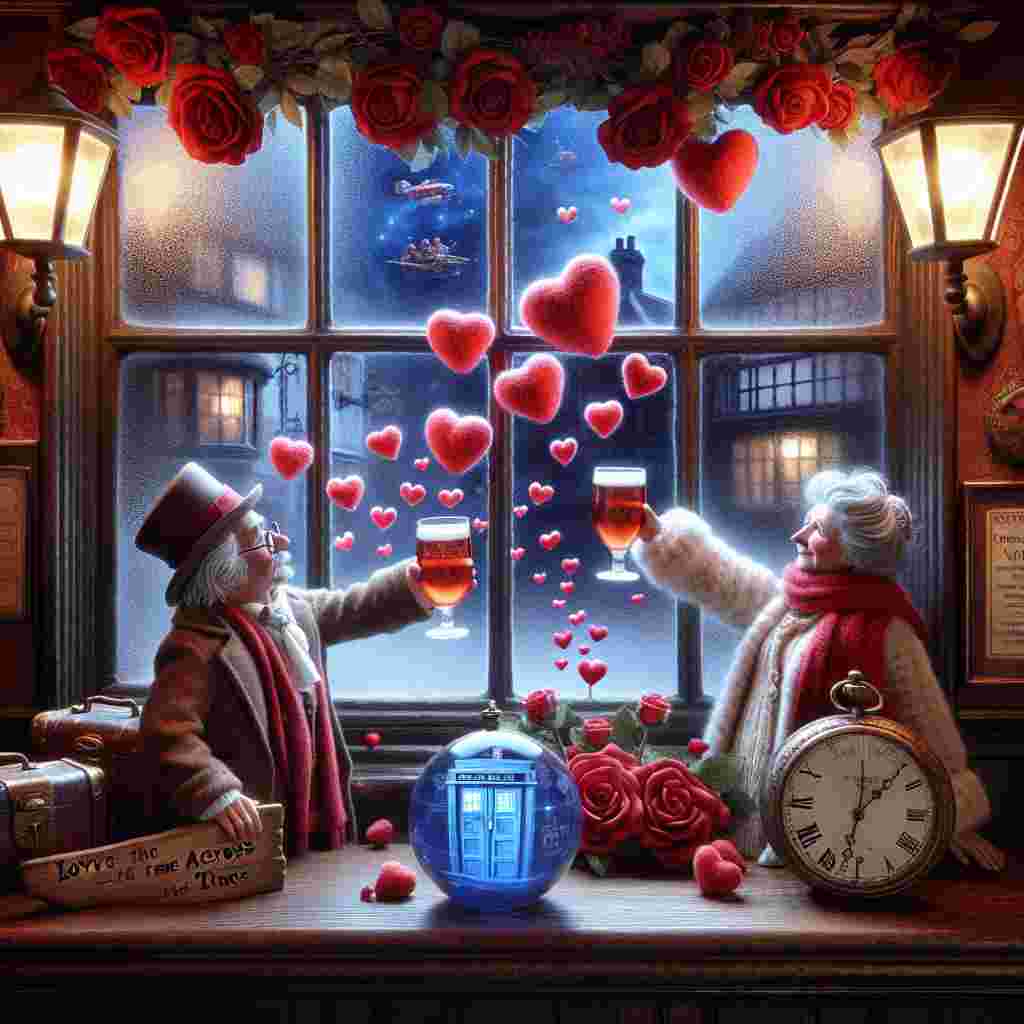 Imagine the quaint setting of an old English pub. The wall is decorated with deep, romantic red roses and garlands of hearts, setting a warm and inviting mood. A whimsical couple, depicted as caricature-style characters embracing universal themes of time-travel and exploration, raise their glasses in a jubilant toast for Valentine's Day. A miniature blue box, labeled 'Love Across Time', and a plush spherical object inscribed with 'Forever and Always' adorn the wooden table between them, contributing to the thematic ambiance. Looking out of the frosted pub window, free-floating hearts rise into the dark night sky, transforming into a collection of stars reminiscent of an iconic English symbol.
Generated with these themes: Beer, England football, Dr who.
Made with ❤️ by AI.