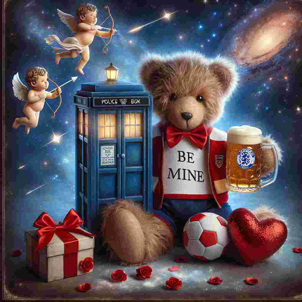 A cuddly teddy bear dressed in a red and white football outfit, reminiscent of a certain popular national team, holds a frothy beer mug with the words 'Be Mine' etched on it, under a cosmic sky filled with distant galaxies and flickering stars. An old-fashioned blue police box wrapped in a red bow leans against a heart-shaped football at the bear's feet, while cherubs sporting small, conical hats shoot arrows decorated with tiny roses from the sky.
Generated with these themes: Beer, England football, Dr who.
Made with ❤️ by AI.