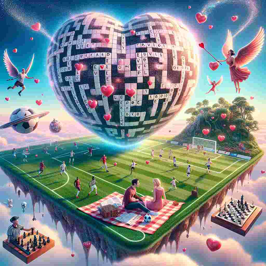 In a surreal representation of Valentine's Day, envision a scene where gravity doesn't apply. A soccer field wraps around a spherical world and the players, of diverse descents and genders, play with a heart-shaped ball. Every kick generates crossword clues made of stardust. Nearby, a floating island hosts a picnic scene where a couple, a Caucasian woman and a Black man, sit on a large crossword grid blanket. Their board game tokens are mini chess icons symbolizing memorable moments of their shared journey. The enchanting backdrop basks in a sky full of pastel colors while winged referees, resembling cupid, supervise the activities.
Generated with these themes: Chess, Soccer , and Crossword .
Made with ❤️ by AI.