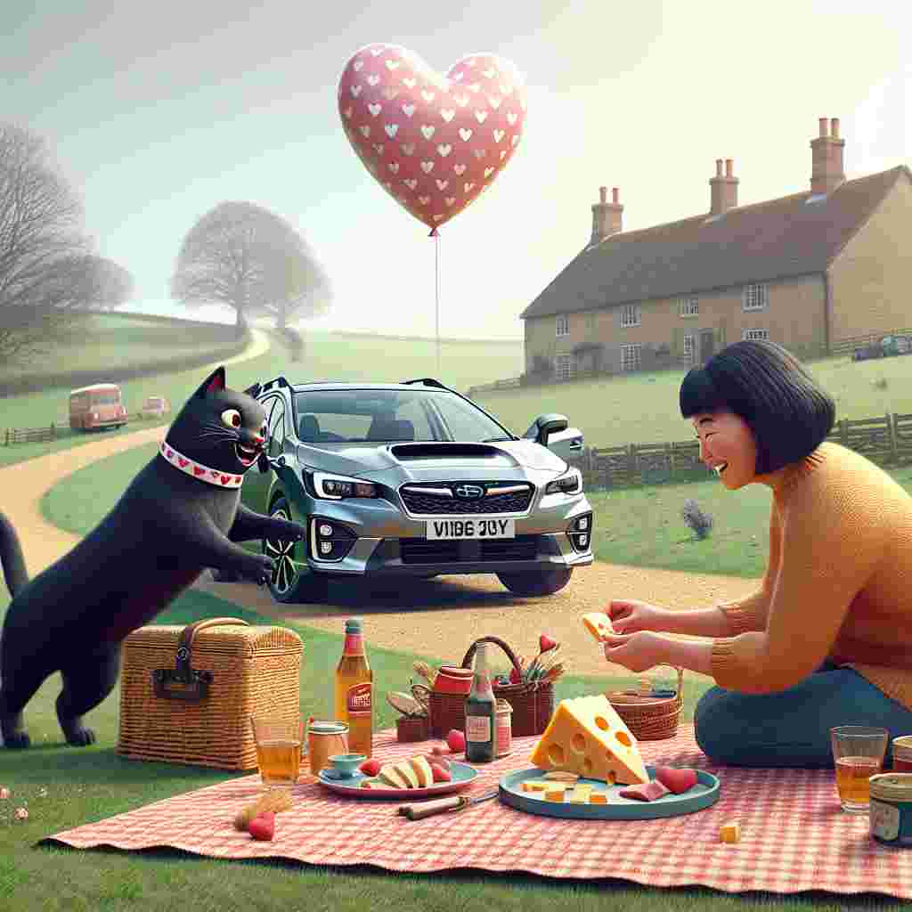 Depict a heartwarming scene in a picturesque English field with a focus on a whimsical Valentine's celebration. In the background, a silver Subaru Impreza estate adds an interesting detail, its doors open widely. In the foreground, a humorous scenario evolves where a diverse couple, an Asian woman and a Hispanic man, are setting up a romantic picnic. Their preparations are amusingly interrupted by an animated, friendly black cat wearing a collar with heart patterns, as it cheekily steals a piece of cheese from their spread. Above, a balloon that mirrors the shape of the Subaru, adorned with little hearts, floats by, contributing to the overall comedic and romantic ambiance of the scene.
Generated with these themes: Light silver subaru impreza estate , English field, Picnic, and Friendly black cat.
Made with ❤️ by AI.