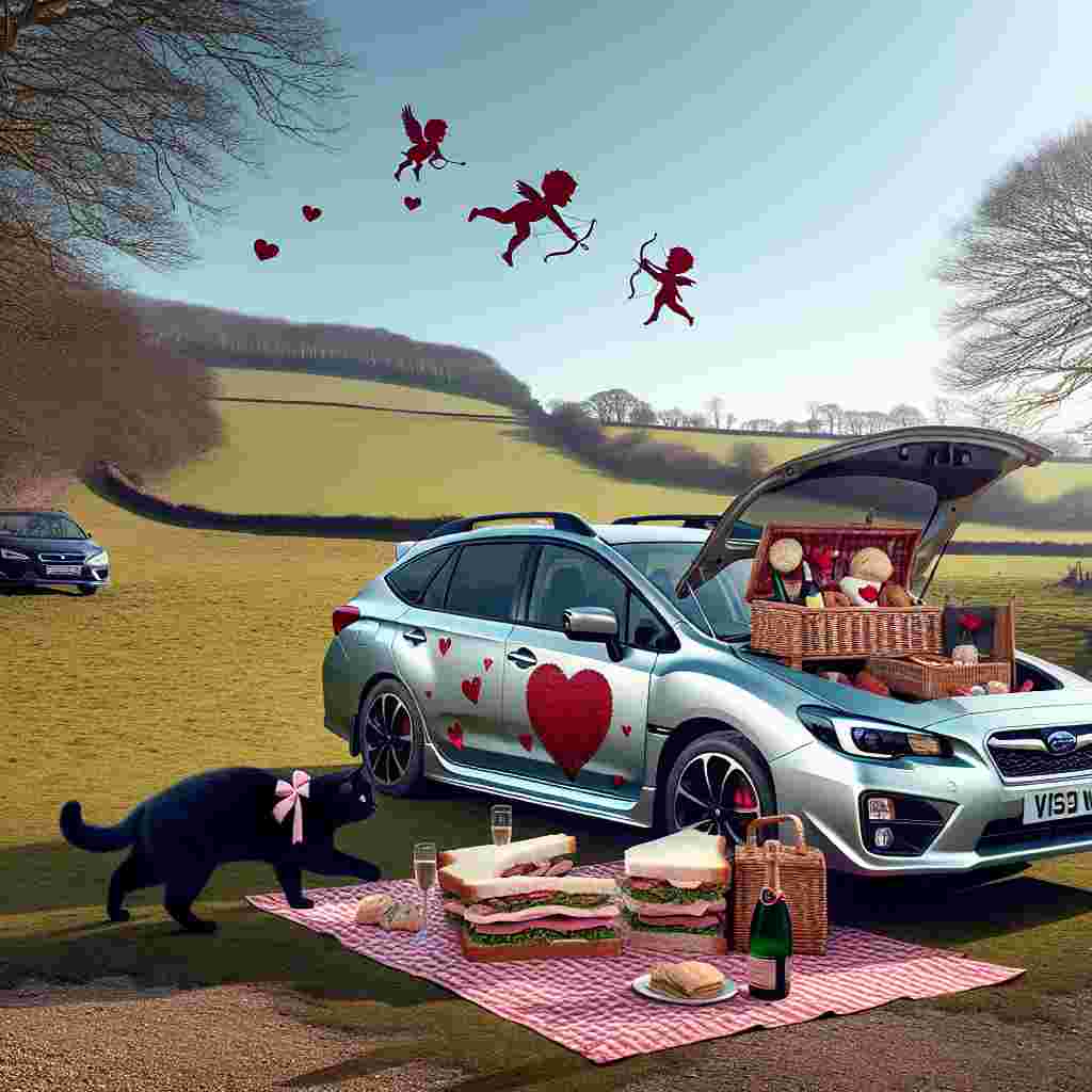 A light silver Subaru Impreza estate car is stationed on the edge of a serene English countryside beneath a crystal-clear sky. The vehicle is adorned with decals of red hearts and Cupids in celebration of Valentine's Day. An affectionate picnic arrangement is prepared in the opened trunk featuring a classic checkered blanket, a bottle of chilling champagne, and an unusually large sandwich shaped like a heart. A good-natured black feline with a plush pink bow tie moseys around the car, playfully attempting to snatch a tidbit every now and then. Animated birds are flying high above, holding a banner reading 'Be My Valentine'.
Generated with these themes: Light silver subaru impreza estate , English field, Picnic, and Friendly black cat.
Made with ❤️ by AI.