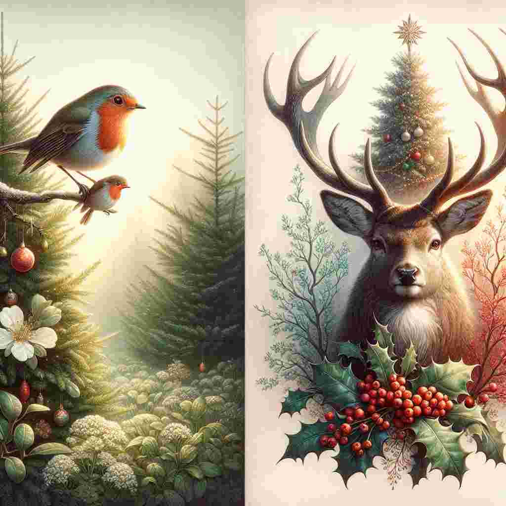 Create an enchanting image that intertwines Easter and Christmas themes. In this delicate fusion, envision a blissful robin perched upon the antlers of a tranquil stag, their figures surrounded by the fresh greens of spring. Although it is an Easter setting, the stag stands peacefully next to a merrily adorned Christmas tree. Additionally, holly trees speckled with lively red berries inject a dash of wintery allure. These elements come together to beautifully fuse these two contrasting seasonal themes, creating an image that warmly encapsulates both spring's rebirth and winter's majestic charm.
Generated with these themes: Robin, Stag, Christmas tree, and Holly trees with berries.
Made with ❤️ by AI.
