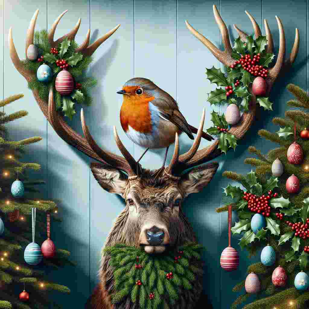 Create an image of a peppy robin confidently sitting on the antlers of a splendid stag. The backdrop holds a Christmas tree, however, distinctively it is decorated with Easter themed adornments, presenting an unusual meld of festive customs. Adding to the harmony of this unusual blend are thriving holly trees dotted with fat red berries, making a charming merger of Christmas and spring influences.
Generated with these themes: Robin, Stag, Christmas tree, and Holly trees with berries.
Made with ❤️ by AI.