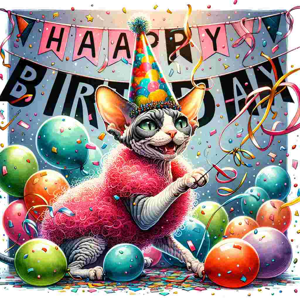 A playful illustration centered on a cheerful Cornish Rex cat wearing a colorful birthday hat, surrounded by balloons and confetti. The cat playfully swats at a hanging string while a banner above reads 'Happy Birthday' in bold, festive lettering.
Generated with these themes: Cornish Rex Birthday Cards.
Made with ❤️ by AI.