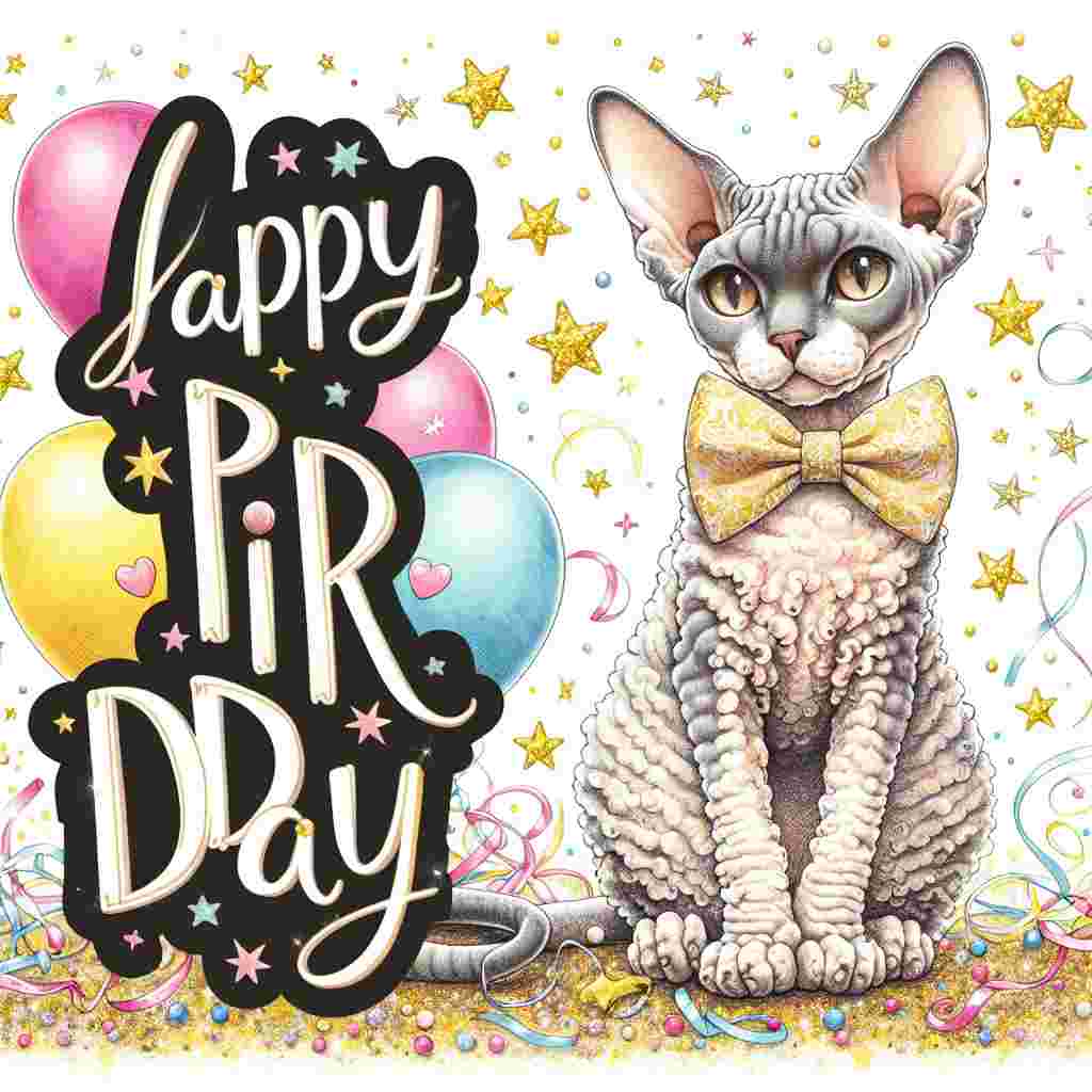 A charming vignette showing a Cornish Rex cat dressed in a cute bow tie, posing in front of a festive background filled with stars and balloons. The phrase 'Happy Birthday' prominently displayed in the upper corner, accompanied by small paw prints.
Generated with these themes: Cornish Rex Birthday Cards.
Made with ❤️ by AI.