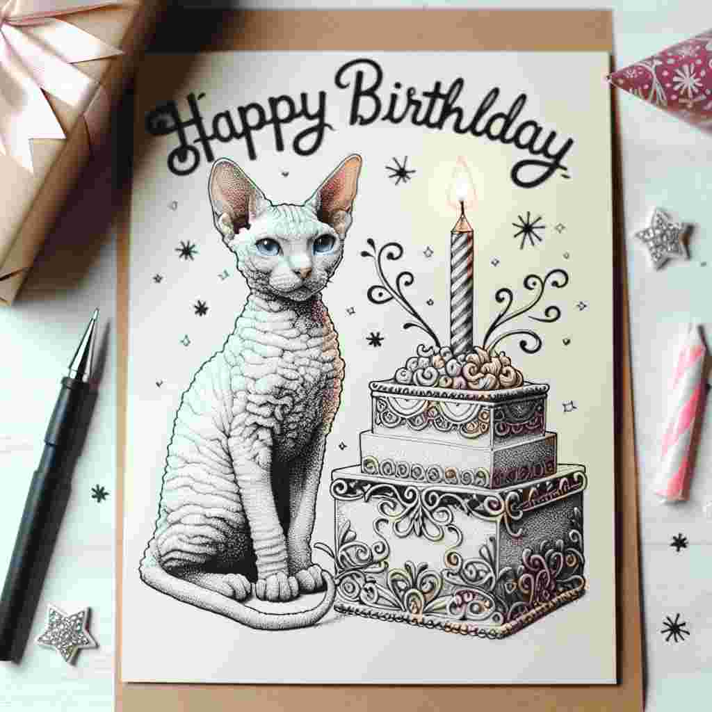 This delightful illustration portrays a single Cornish Rex cat seated beside a slice of birthday cake, with a single candle lit on top. Party hats and gifts frame the scene, and the message 'Happy Birthday' is integrated into the cake's icing design.
Generated with these themes: Cornish Rex Birthday Cards.
Made with ❤️ by AI.