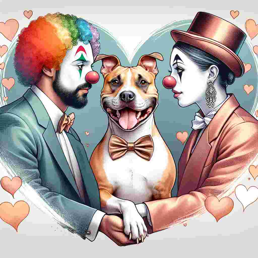 Create a heartwarming illustration that encapsulates the spirit of Valentine's Day. Feature a charming Staffordshire Bull Terrier wearing a bow tie, looking with affection towards a Caucasian male clown and a Middle-Eastern female clown. The two clowns, their hands intertwined, are sharing a tender moment that vividly displays their genuine love connection. In the backdrop, incorporate gentle hearts floating around, and subtly integrate the phrase 'Perfect Other Half' (POH), symbolising the unity and bond of the characters.
Generated with these themes: Staffordshire bull terrier , Two clowns in love , and POF.
Made with ❤️ by AI.