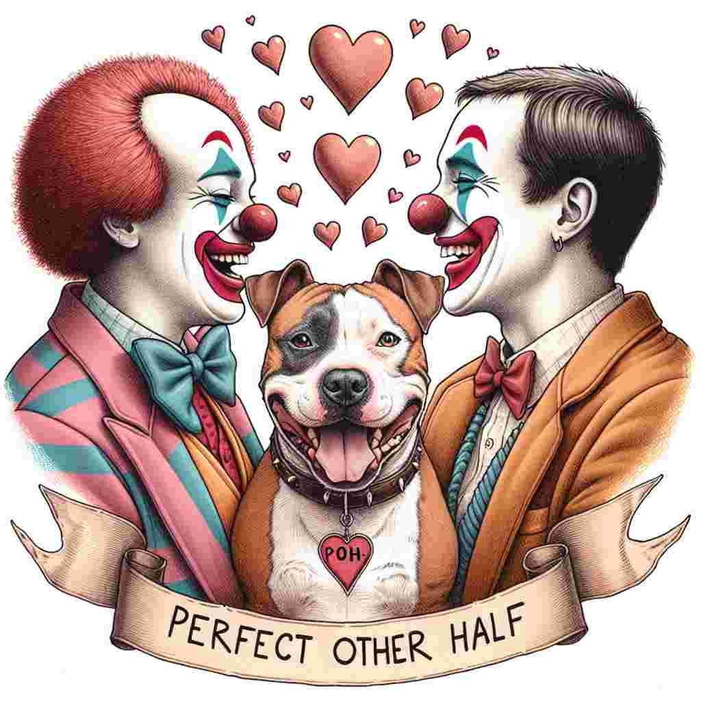 Create an illustration encapsulating the warmth of Valentine's Day, featuring two clowns of Caucasian and Hispanic descent, respectively, joyfully hugging each other as they gaze into each other's eyes. Below them, a jubilant Staffordshire Bull Terrier with a collar shaped like a heart displays a satisfied facial expression. Whimsical hearts appear to float in the air above the couple, indicating an ambiance of love. The acronym 'Perfect Other Half' (POH) is sketched on a banner overhead, reinforcing the illustration's underlying theme of partnership and love.
Generated with these themes: Staffordshire bull terrier , Two clowns in love , and POF.
Made with ❤️ by AI.