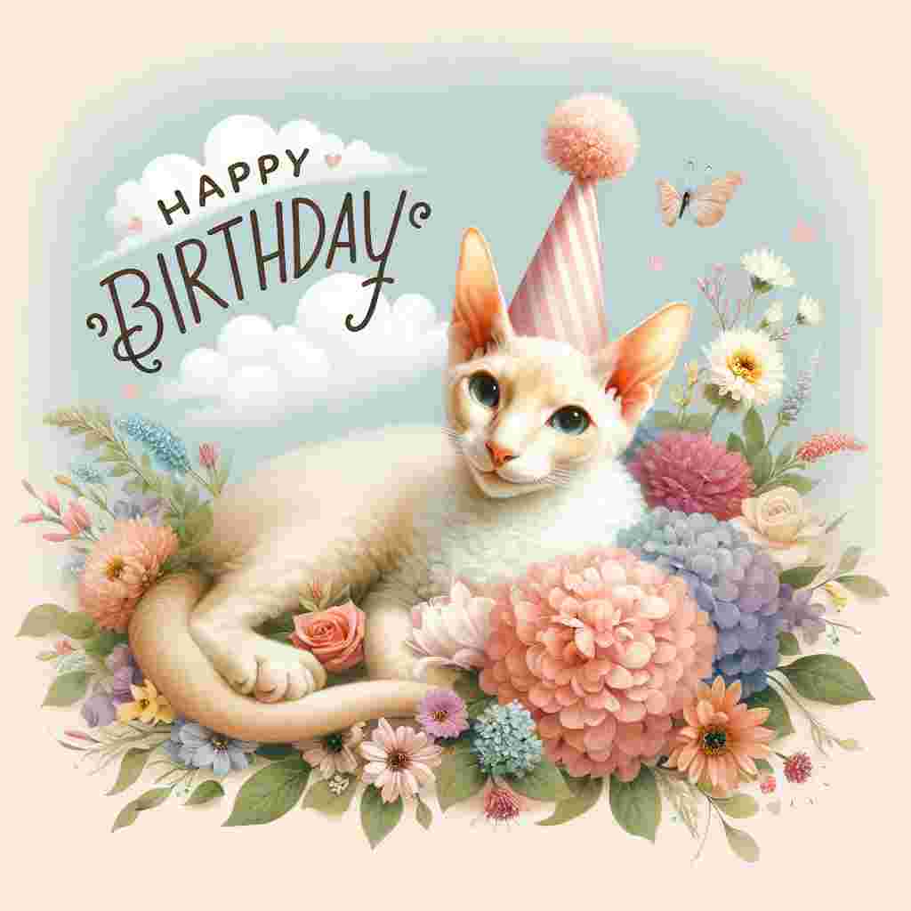 A cheerful Peterbald lounging in a bed of pastel flowers, with a party hat on its head, and 'Happy Birthday' spelled out above in fluffy clouds, all encased within a soft, dreamy birthday card design.
Generated with these themes: Peterbald Birthday Cards.
Made with ❤️ by AI.