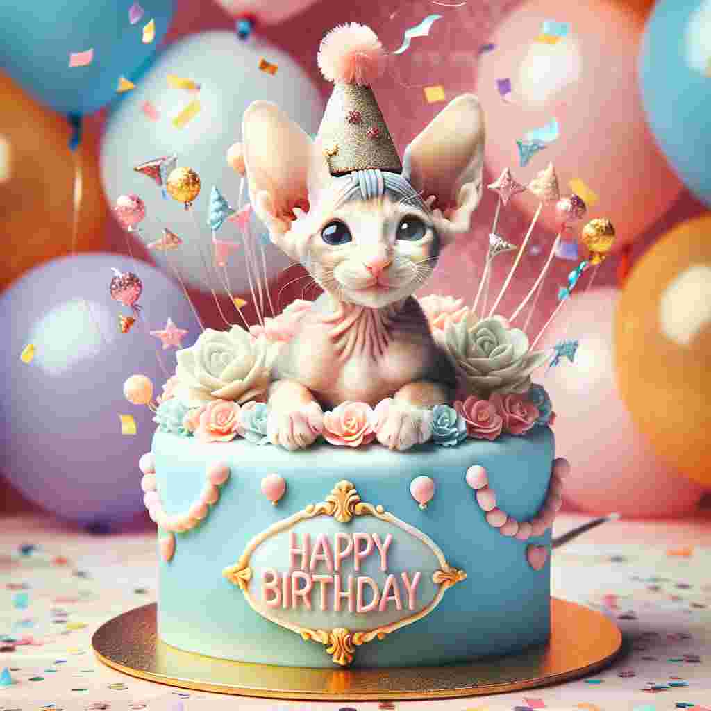 A playful Peterbald kitten wearing a tiny party hat, surrounded by colorful balloons and confetti. It's perched atop a vibrantly iced birthday cake with the words 'Happy Birthday' elegantly written on the cake's base.
Generated with these themes: Peterbald Birthday Cards.
Made with ❤️ by AI.
