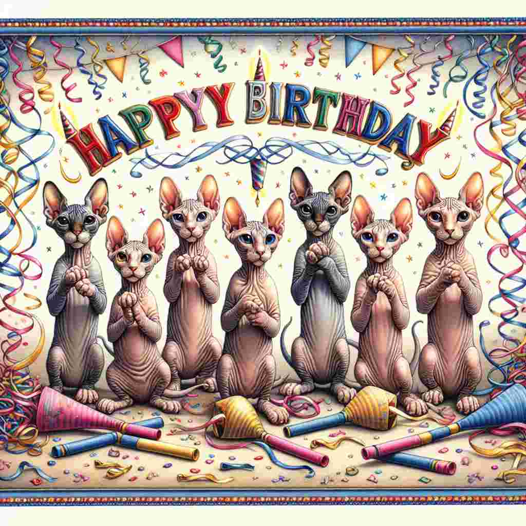 An adorable group of Peterbald cats each holding a letter from the phrase 'Happy Birthday', with streamers and party blowers in the background, set within a festive birthday card border.
Generated with these themes: Peterbald Birthday Cards.
Made with ❤️ by AI.