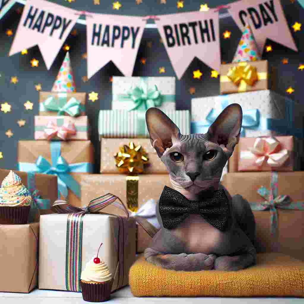 A single, sleek Peterbald cat with a bow tie sitting next to a pile of presents, in front of a banner that reads 'Happy Birthday'. The scene is decorated with little stars and cupcakes, adding a whimsical touch to the card.
Generated with these themes: Peterbald Birthday Cards.
Made with ❤️ by AI.