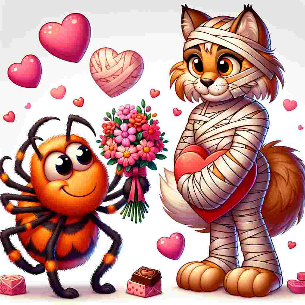 Create a whimsical Valentine's Day cartoon scene. An endearing orange spider wearing a heart-shaped pattern on its back is presenting a bouquet of pink and red flowers to a shy mummy wrapped in soft pastel bandages. The mummy looks overwhelmed. Separately in the background, an engaging lynx with tufted ears and a sweeping bushy tail observes the heartwarming scene from behind a large heart filled with chocolates. The lynx's eyes are gleaming with a blend of mischief and love.
Generated with these themes: Spider animal, Colour orange, Mummy, and Lynx animal.
Made with ❤️ by AI.