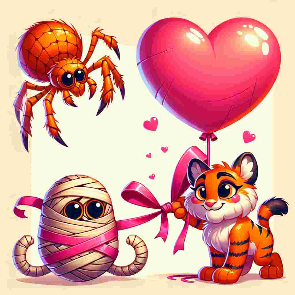 Craft a delightful Valentine's Day illustration featuring an enchanting orange spider holding a pink ribbon, which is linked to a beautifully wrapped mummy. Have the mummy's eyes twinkle above the bandages, signifying its positive response to receiving the ribbon. In addition, depict a lynx with vivid fur and a sly smile cleverly hiding behind a colossal, heart-shaped balloon, poised to spring out and astonish its Valentine.
Generated with these themes: Spider animal, Colour orange, Mummy, and Lynx animal.
Made with ❤️ by AI.