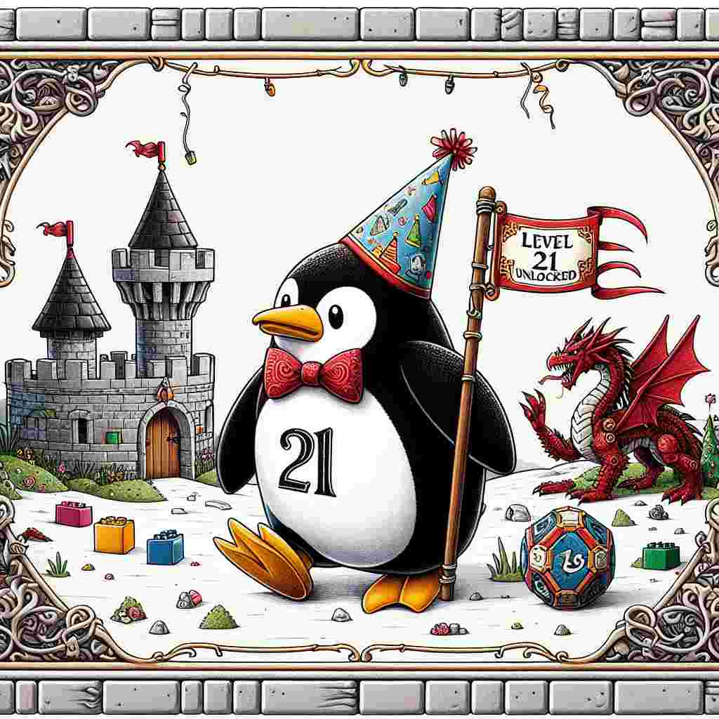 Create an image that captures a captivating birthday scene. A comedicly clumsy penguin, embellished with a miniature birthday party hat, waddles through a playground built from Lego bricks. It carries a flag, numbered 21, decorated with dragon scale patterns in one of its wings, hinting to an admiration for Dungeons and Dragons. The neighboring Lego structures are arranged whimsically to depict castles and fantastical landscapes, encompassed by a Dungeons & Dragons inspired ornamental border with the inscription 'Level 21 Unlocked', finalizing this jubilant illustration.
Generated with these themes: Penguin, Lego, Dungeons and dragons , and 21.
Made with ❤️ by AI.