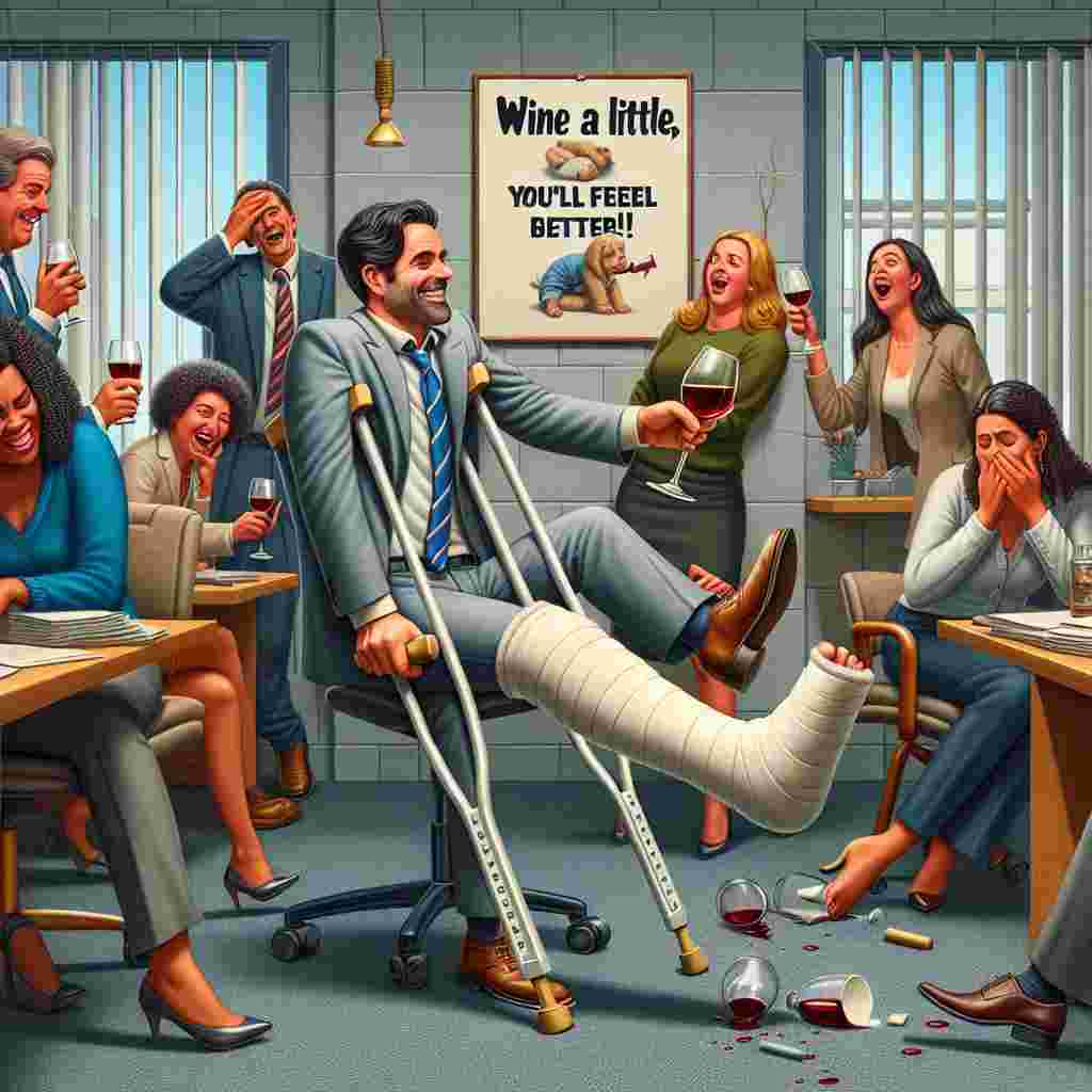 A humorous scene unfolds in an office setting where a Caucasian male office worker is comically struggling on crutches, his foot nestled in a hilariously oversized cast. Skillfully, he tries to juggle a glass of wine while attempting to manoeuvre himself through a tangled maze of office chairs and desks. Onlooking colleagues, a mix of Hispanic women and Middle-Eastern men, are suppressing their laughter, chuckling sympathetically at his predicament. The background is adorned with amusing posters bearing the phrase 'Wine a little, you'll feel better!', contributing to the overall light-hearted, sympathetic theme.
Generated with these themes: Wine, Crutches , Office, and Funny.
Made with ❤️ by AI.
