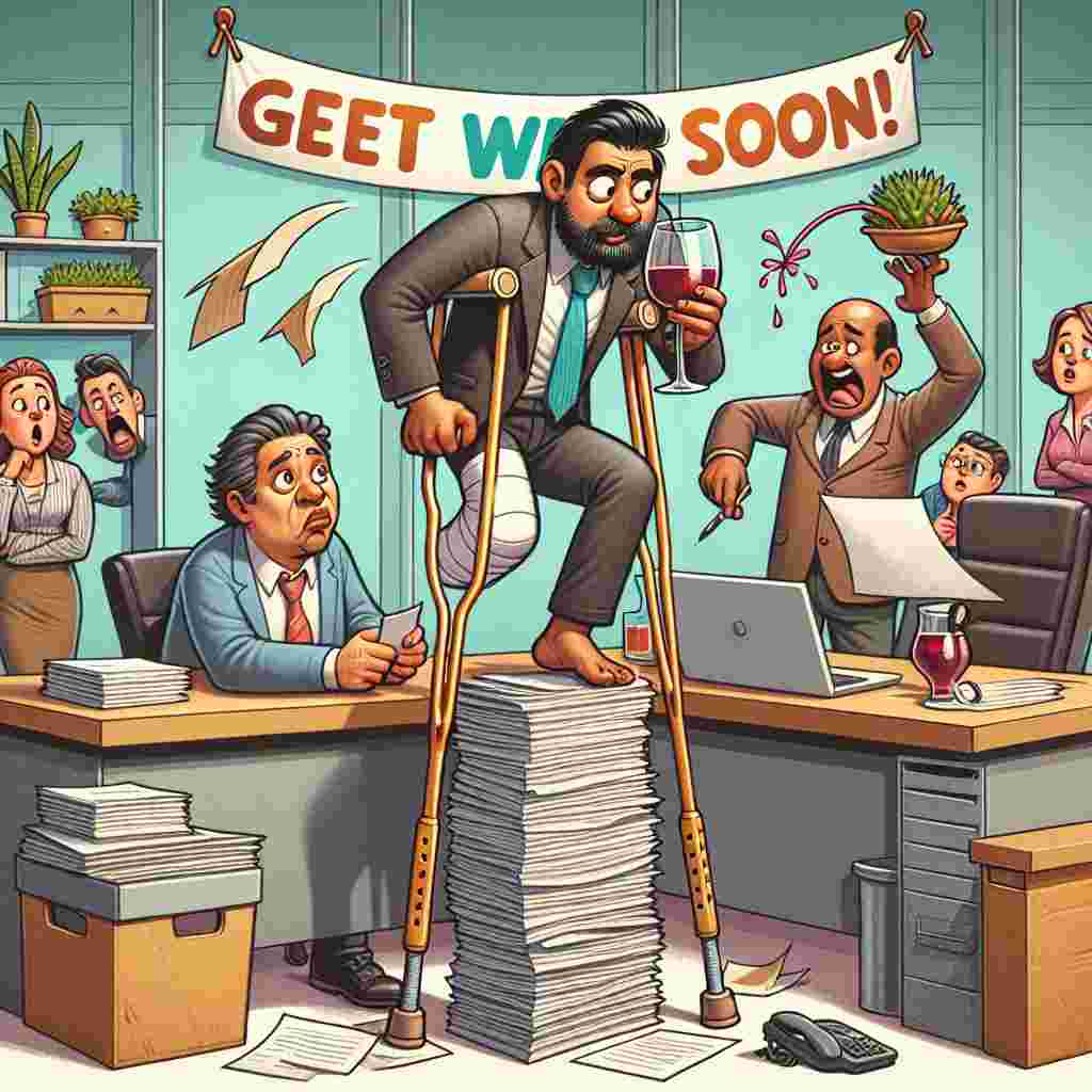 Create a whimsical illustration of an office environment. The main focus is a character, of South Asian descent, humorously maneuvering on crutches due to having one leg cast. In a comedic twist, this character tries to balance a glass of wine on a towering stack of paperwork. Watching from the periphery are colleagues, a Hispanic male and a Black female, expressing a combination of concern and amusement. A 'Get Well Soon!' banner adds to the humor, fluttering comically above the scene, embodying the empathy of the office in a playful manner.
Generated with these themes: Wine, Crutches , Office, and Funny.
Made with ❤️ by AI.