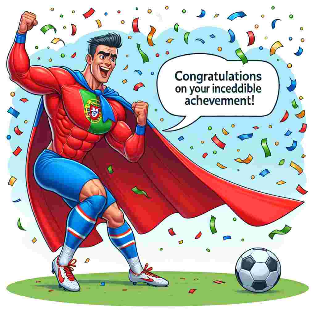 Illustrate a whimsical cartoon scene showing an ecstatic, athletic male, who's of Portuguese descent, wearing a bright red and blue superhero cape. He strikes a well-known footballer's celebration pose with a football at his feet. Confetti showers down, signifying a festive mood. Incorporate a speech bubble that illustrates him exclaiming 'Congratulations on your incredible achievement!'. The overall scene should exude joyfulness, signified through the vibrant color palette.
Generated with these themes: Cristiano Ronaldo, Superman, and Football .
Made with ❤️ by AI.