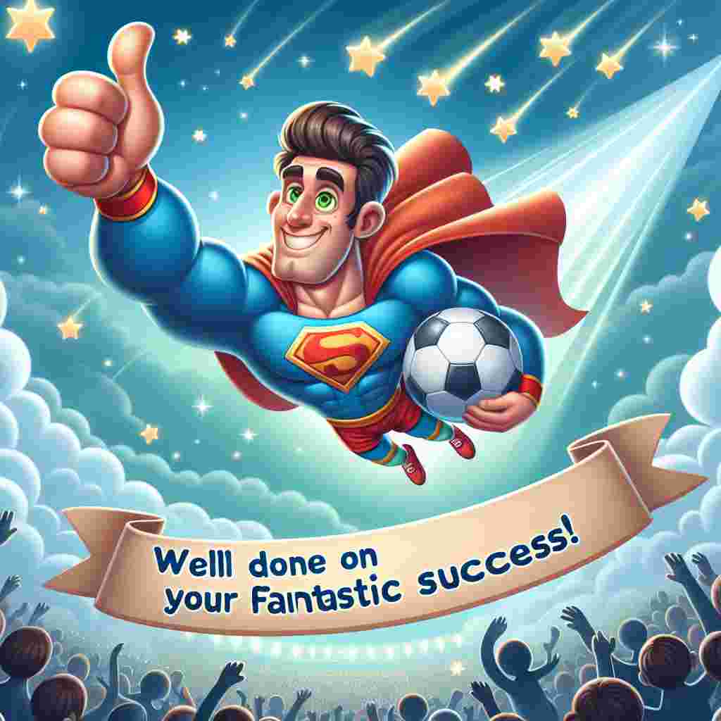 In a whimsical cartoon style scene, an animated soccer player with athletic build flies across the sky like a superhero, cradling a football in one arm. He is flashing a thumbs-up with his free hand over a banner that exclaims 'Well done on your fantastic success!' The background is filled with sparkling stars and a crowd made up of charming small animals cheering below, invoking a sense of celebration and achievement.
Generated with these themes: Cristiano Ronaldo, Superman, and Football .
Made with ❤️ by AI.