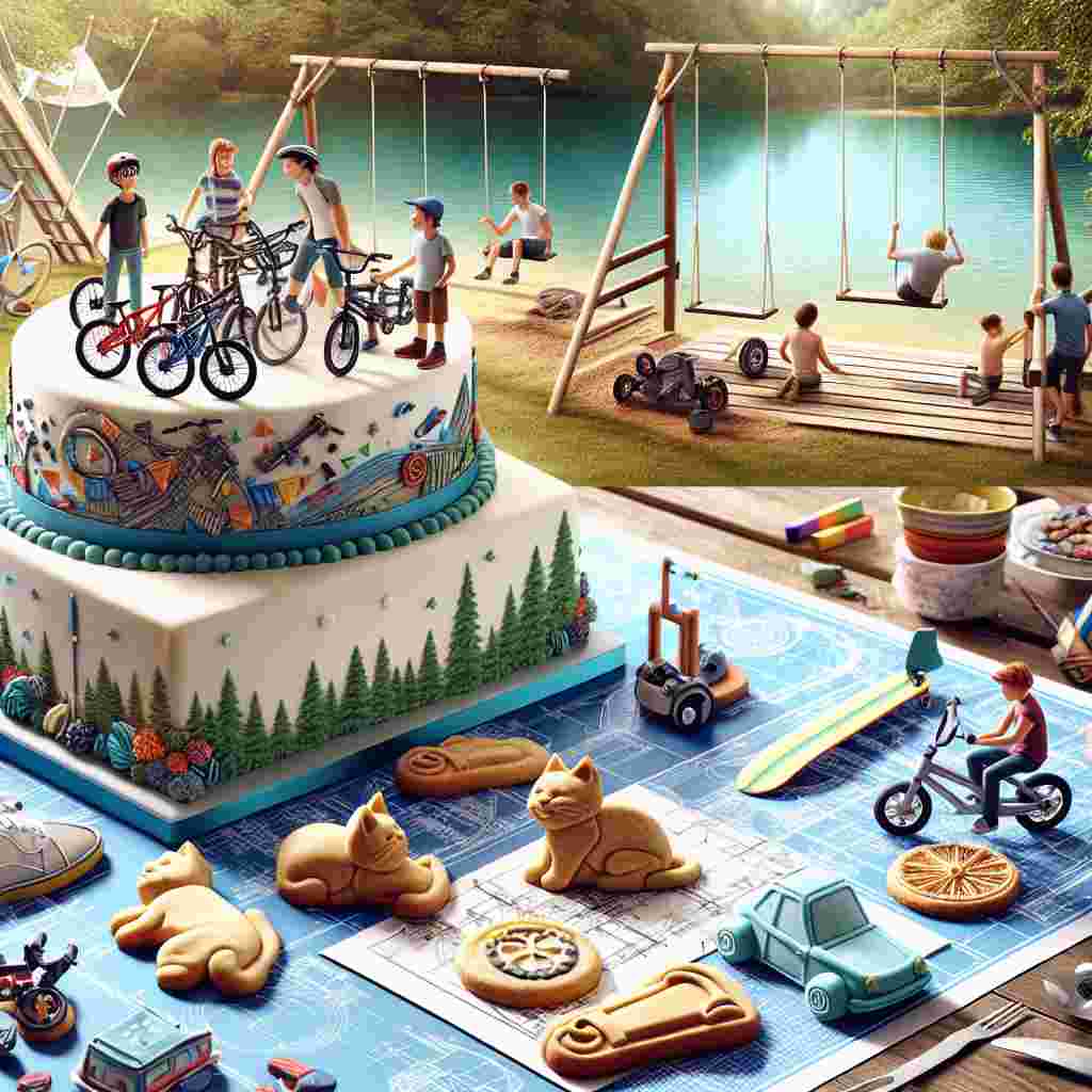 Illustrate a birthday setting in the great outdoors, filled with the spirit of exploration and adventure. In the center, visualize an intricately made cake topped with edible figurines of friends, mountain bikes, scooters, and BMX bikes, signifying the birthday individual's interests. Alongside, imagine a configuration of inventive cat-shaped cookies lying on blueprints of engineering designs serving as unconventional placemats. Outdoors, show guests interacting with full-sized swings overlooking a tranquil lake. To augment the feeling of adventure, depict real boats docked at the lake, prepped and ready for an exciting ride.
Generated with these themes: Mountain bikes, Scooters, Bmx, Friends , Engineering, Cats, Swings, Outside, and Boats.
Made with ❤️ by AI.